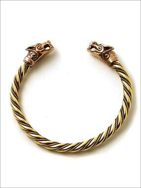 Bronze Viking Wolf Head Twisted Cable Bangle Cuff Bracelet Adjustable
